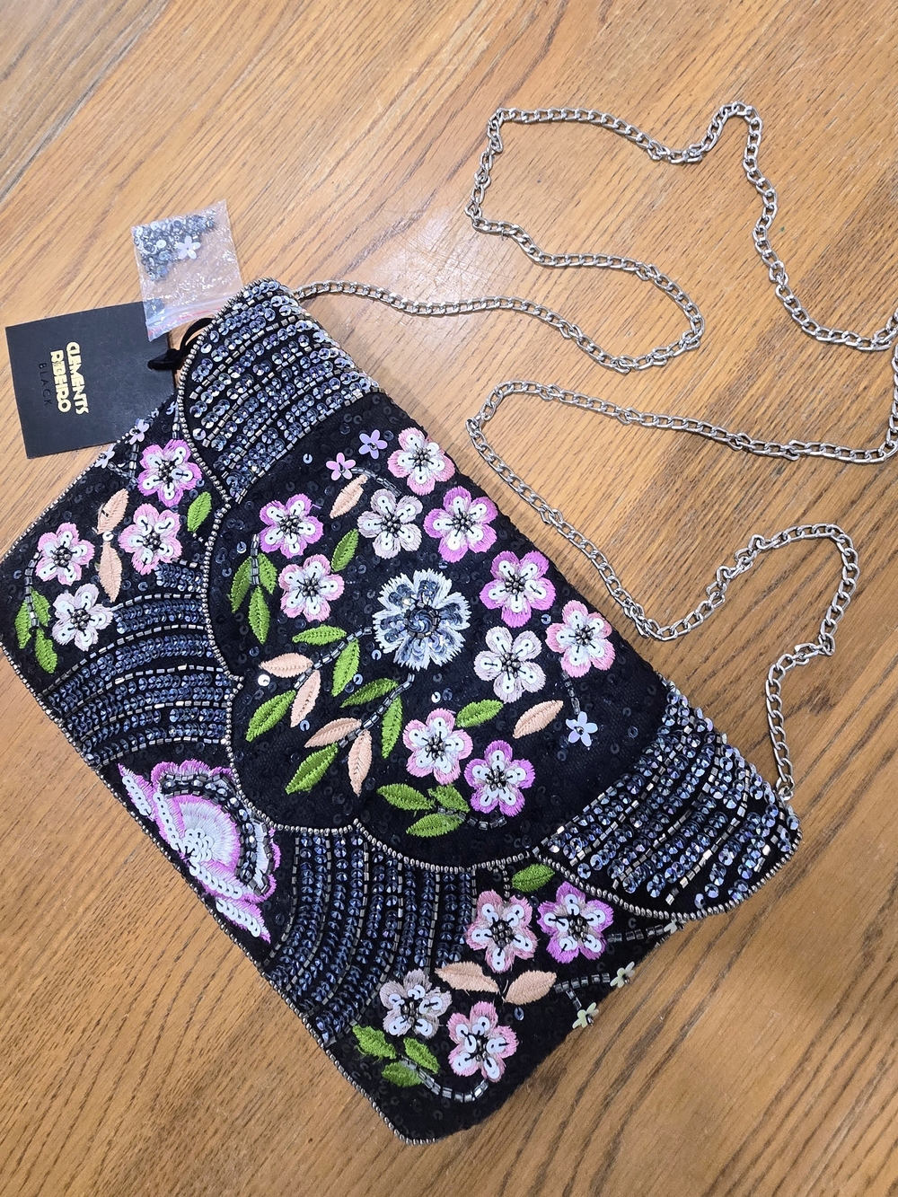 CLEMENTS RIBEIRO Beaded Embellished Floral Clutch w/Chain Strap NWT